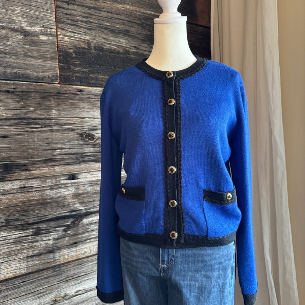Vintage 90s Susan Bristol New Traditions Blue &‎ Black Knit Cardigan Small